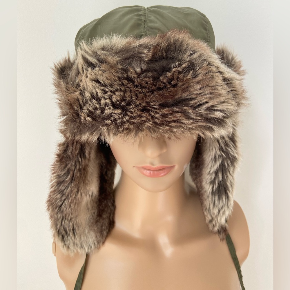 Olive green trapper hat with faux fur